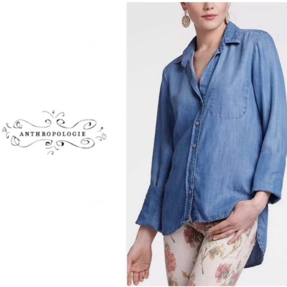 Anthropologie elevenses, Size:M, Blue Denim Wash Button Down Blue Shirt
